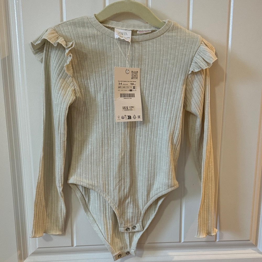 Zara Cream Ribbed Kids Bodysuit with Ruffle Sleeves